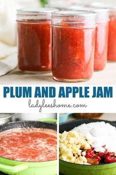 plum and apple jam recipe in mason jars with text overlay that says plum and apple jam