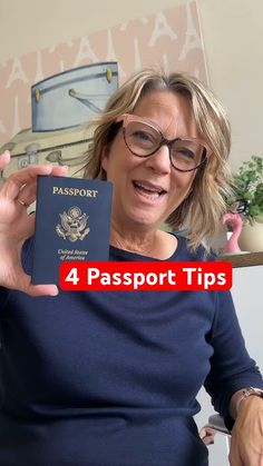 a woman holding up a passport in front of her face with the words 4 passport tips