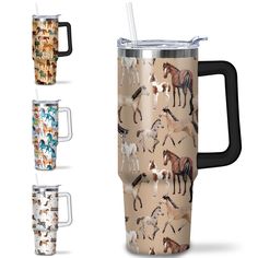 the tumbler cup has horses all over it