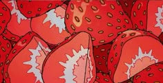 a painting of strawberries with red and white designs on them, all piled together