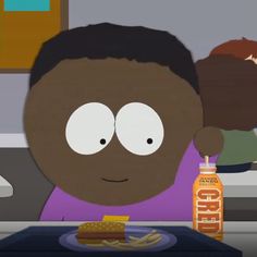 an animated image of a man with food in front of him