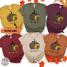 This trendy Thankful Thanksgiving pumpkin cotton jersey short sleeve tee fits like a well-loved favorite, it will make a perfect gift for a teacher, mom, grandma, nurse, auntie. Combining soft cotton and quality coquette Halloween vibe elements make users fall in love with it over and over again. These t-shirts have-ribbed knit collars to bolster shaping. The shoulders are tapered for a better fit over time. Dual side seams hold the garment's shape for longer. The shirt offers comfort and breathability, making it ideal for every day use. .: This t-shirt comes with a lightweight fabric (4.2 oz/yd² (142 g/m that is easy to layer thanks to its breathability and the perfect choice for both active and leisure wear. The 100% Airlume combed and ring-spun cotton feels soft to the touch. .: The ret Yellow Cotton T-shirt For Fall, Customizable Casual Fall Top, Customizable Casual Tops For Fall, Customizable Casual T-shirt For Fall, Fall Season Relaxed Fit Shirt With Custom Print, Fall Custom Print Shirt With Relaxed Fit, Casual Family T-shirt For Fall, Fall Relaxed Fit Shirt With Custom Print, Yellow Short Sleeve T-shirt For Family Matching