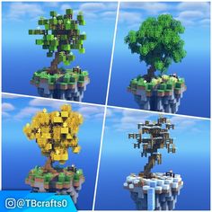 four different views of an island in the sky