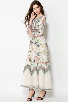 Embroidery Flowers Long Sleeve Ankle-length Dress Floral Dresses With Sleeves, Embroidery Dresses, Embroidered Wedding Dress, Ankle Dress, Ankle Length Dress, Floral Embroidered Dress, Embroidered Wedding, Long Wedding Dresses, Dresses Uk