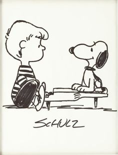 a black and white drawing of a boy sitting on a bench with a dog looking at him