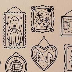 hand drawn frames with hearts, cactuses and other things in them on a beige background