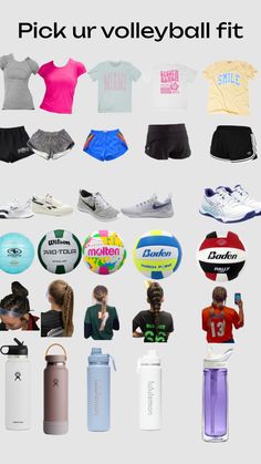 a collage of various items that include shirts, shorts and water bottles with the words pick ur volleyball fit on them