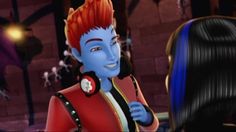 an animated avatar with red hair and blue skin is talking to another avatar in front of a brick wall