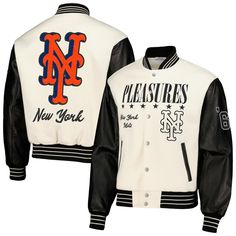 a new york mets baseball jacket that is white and black