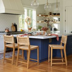 Banquette Ideas, Kitchen Counter Chairs, 4 Light Chandelier, Whitewashed Wood, Kitchen Banquette, Rattan Bar Stools, Whitewash Wood, Counter Chairs