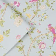 a wallpaper with flowers, birds and butterflies in pastel blue color palettes