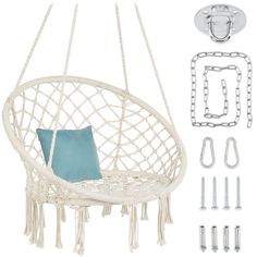 a white hanging chair with blue cushion and accessories for the seat, including chains, hooks,