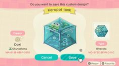 an animal crossing game screen with the caption do you want to save this custom design?