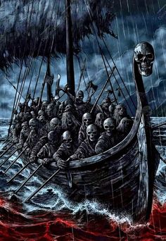 a group of people on a boat in the water with a skull sticking out of it's head