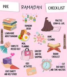 a pink poster with words and pictures about ramaan items in english, arabic or spanish