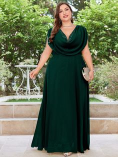 Plus Size Sequin Patchwork Chiffon Evening Party Dress Dark Green   Sleeveless Chiffon Plain A Line Non-Stretch  Weddings & Events, size features are:Bust: ,Length: ,Sleeve Length: Chiffon Formal Dress, Draped Collar, Womens Active Wear Outfits, 파티 드레스, Vestido Plus Size, Ankle Length Dress, Gowns Of Elegance, Bridal Robes, Floor Length Dresses