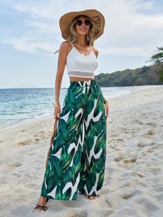 High Waist Print Wide Leg Pants - Green - XL Straight Pants For Beach Season, Casual Straight Pants For Vacation, High Waist Pants With Pockets For Beach Season, High-waisted Pants With Pockets For Beach Season, High Waist Pants With Elastic Waistband For Beach Season, Green Pants For Beach Season Day Out, Fitted Wide Leg Pants For Vacation, Beach Season Pants For Day Out, Casual Green Summer Pants