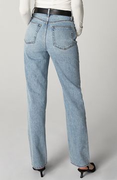 Build out your collection of capsule-wardrobe essentials with these daily-wear nonstretch jeans boasting a structured straight-leg silhouette. 31 1/2" inseam; 16 1/2" leg opening; 12" front rise; 15 1/2" back rise Zip fly with button closure Five-pocket style 100% cotton Machine wash, line dry Imported Everyday Flare Jeans With Straight Hem In Rigid Denim, Everyday Straight Jeans With Five Pockets, Everyday Bottoms With Five Pockets In Straight Silhouette, Everyday Denim Blue Flare Jeans With Straight Hem, Everyday Jeans With Relaxed Fit, Straight Silhouette, Classic Blue Flare Jeans With Straight Hem, Blue Flare Jeans With Straight Hem For Everyday, Everyday Straight Denim Blue Bottoms, Light Wash Flare Jeans With Straight Hem