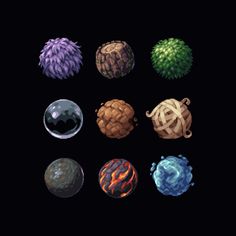 an image of different types of balls in pixel art style on a black background with space for text