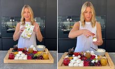 two pictures of a woman with food in front of her and the same person holding a box