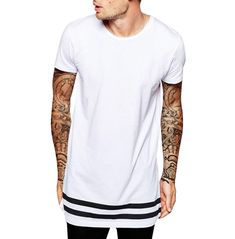 Show off your style with this streetwear striped long short sleeve men's t-shirt. crafted from a cotton/polyester blend, this classic street/urban fashion design will add an edge to your wardrobe. Spring Cotton T-shirt With Striped Sleeves, Summer Streetwear T-shirt With Contrast Stripes, Contrast Stripes T-shirt For Summer Streetwear, Sporty Striped T-shirt For Streetwear, White Crew Neck T-shirt With Striped Sleeves, Summer Streetwear Tops With Contrast Stripes, White Casual T-shirt With Vertical Stripes, Black Horizontal Stripe Short Sleeve T-shirt, Casual White T-shirt With Vertical Stripes