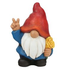 a gnome figurine holding a yellow flower in it's hand and giving the peace sign