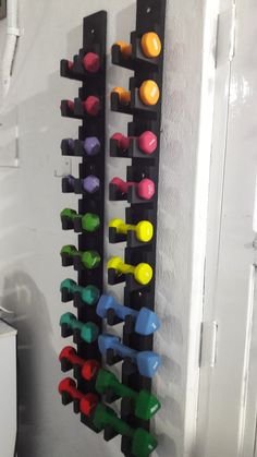 there is a wall mounted rack with many different colored objects on it and one has a toilet in the background