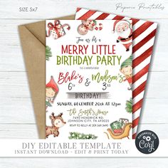 a merry little birthday party card with santa's sleigh and reindeers