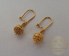 "★ Traditional Croatian filigree ball earrings, handcrafted in solid 14 k gold. Replicas of 19th century Ethnic, Heritage jewelry from Dubrovnik - Dalmatia region. Simple in style, versatile to wear with any outfit, and perfect for any occasion. Earrings end with secure, latching type of ear-wires. ★ *These earrings are handmade on order in 7-10 business days* Due to the handmade creation, every pair is unique, so there can be tiny variations in dimensions of the finished earrings. They are on a Ornate Filigree Earrings For Ceremonies, Ornate Filigree Earrings For Ceremonial Occasions, Byzantine Style Wedding Jewelry With Intricate Design, Traditional Gold Earrings With French Hook, Traditional Filigree Bridal Earrings For Formal Occasions, Temple Jewelry Style Bridal Earrings With Filigree, Byzantine Filigree Earrings As Gift, Byzantine Filigree Earrings For Gift, Ornate Plug Earrings With Intricate Design For Wedding