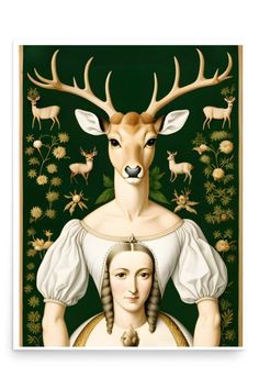 a painting of a woman with antlers on her head and deer's heads in the background