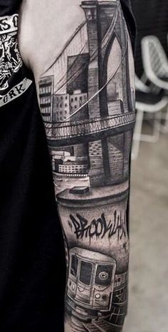 Nyc Train Tattoo, Brooklyn Ny Tattoo Ideas, Nyc Tattoo Sleeve, Brooklyn Tattoo Ideas New York, Queens New York Tattoo, Nyc Theme Tattoo, New York Theme Tattoo, Compton Tattoo Ideas