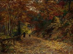 a painting of people walking down a path in the woods