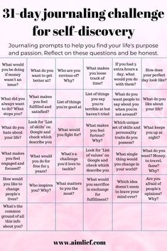 a pink poster with the words, 31 day journal challenge for self discovery and what to do