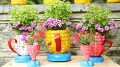 three colorful flower pots sitting on top of a wooden table next to each other with flowers in them