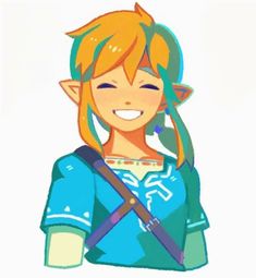 the legend of zelda is smiling and wearing a blue shirt with an orange tail