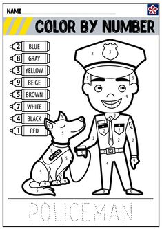 a coloring page for police officers with the words color by number and an image of a dog