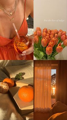 a woman in an orange dress is holding a glass of wine and some oranges