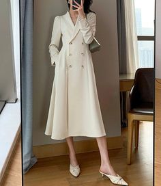 Double Breasted Blazer Dress, Trench Coat Beige, Fit And Flare Coat, Dress Elegant Long, Trench Coat Dress, Trench Dress, Office Dresses For Women, Monochrome Outfit, Womens Dress Suits