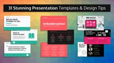 a bunch of different presentation templates and designs on a colorful background with the words,'31 stunning presentation templates & design tips '