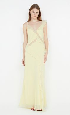 Knox Maxi Dress in Ice Yellow by Bec + Bridge Ice Dresses, Bec And Bridge, Cascading Ruffles, Bec Bridge, Prom Dress Shopping, Rolled Hem, Brides And Bridesmaids, V Neckline, Low Back