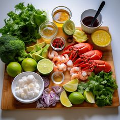 a cutting board topped with shrimp, limes and other vegetables next to condiments