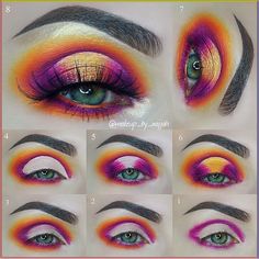 Eye makeup - Halo eye look tutorial  #makeuplooks #makeup #eyemakeup #makeuptutorial #tutorialmakeup Profusion Kaleidoscope Palette Looks, Analogous Color Scheme Makeup, Creative Eye Makeup Step By Step, Colorful Halo Eye Makeup, Bold Eyeshadow Tutorial, Bright Colorful Eye Makeup Step By Step, Sunset Eyeshadow Looks Step By Step, Halo Eye Makeup Step By Step, Halo Makeup Looks