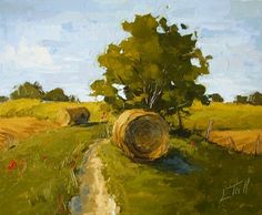 a painting of hay bales in a field