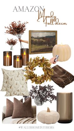 a collage of fall decorating items including candles, pumpkins and other decorations