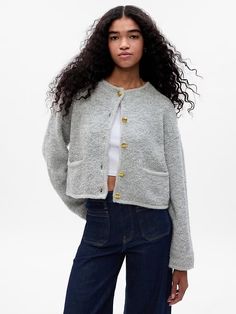 Boucle Cropped Sweater Jacket | Gap Boucle Sweater, Cropped Cardigan Sweater, Boucle Jacket, Gap Sweater, Outfit Inspo Fall, Wool Blend Sweater, Christmas Wishlist, Cropped Sweater, Jacket Style