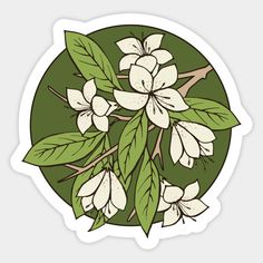 a sticker with white flowers and green leaves