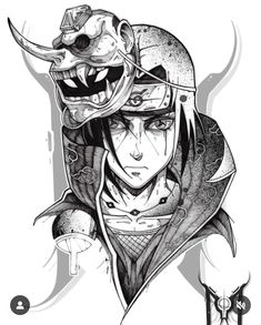 a drawing of a person wearing a helmet with horns on it's head and an evil