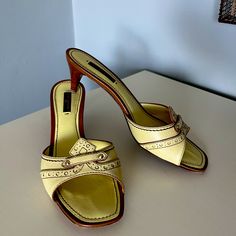 Pale Yellow Louis Vuitton Kitten Heels With A Wood Detailed Heel, Size 7. Yellow Kitten Heels, Yellow Kitten, Louis Vuitton Heels, Shoes Vintage, Aesthetic Shoes, Vibe Clothes, Material Girl, Louis Vuitton Shoes, Vintage Louis Vuitton