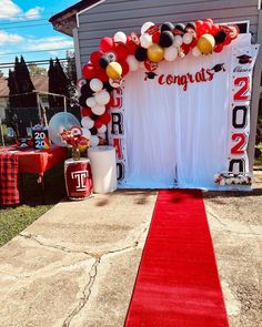 a red carpeted entrance to a party with balloons and decorations on the front door