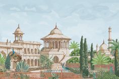 an artistic painting of a palace with peacocks in the foreground and trees on either side